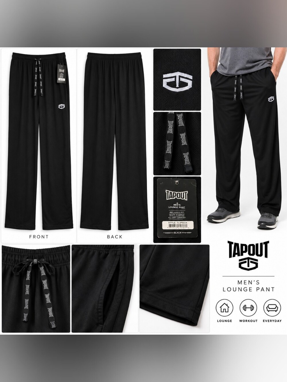 Tapout Men’s Black Athletic Large Lounge Pants Drawstring Straight Leg NWT